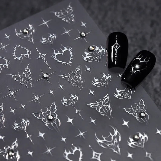 Gothic Punk Nail Art Stickers | Silver Flame Heart & Butterfly Decals TL195