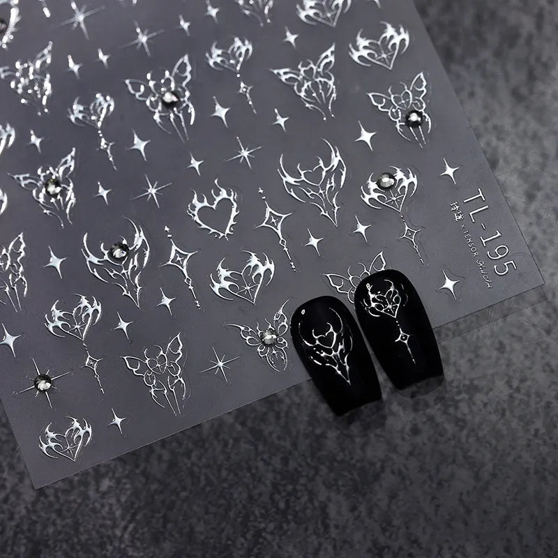 Gothic Punk Nail Art Stickers | Silver Flame Heart & Butterfly Decals TL195