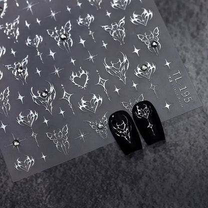 Gothic Punk Nail Art Stickers | Silver Flame Heart & Butterfly Decals TL195