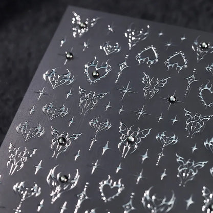 Gothic Punk Nail Art Stickers | Silver Flame Heart & Butterfly Decals TL195