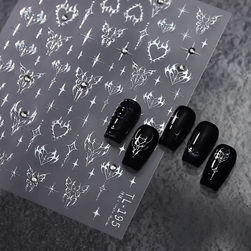 Gothic Punk Nail Art Stickers | Silver Flame Heart & Butterfly Decals TL195