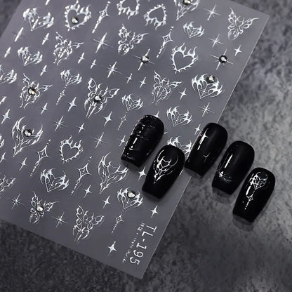 Gothic Punk Nail Art Stickers | Silver Flame Heart & Butterfly Decals TL195