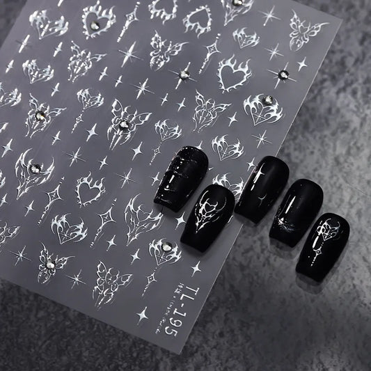 Gothic Punk Nail Art Stickers | Silver Flame Heart & Butterfly Decals TL195