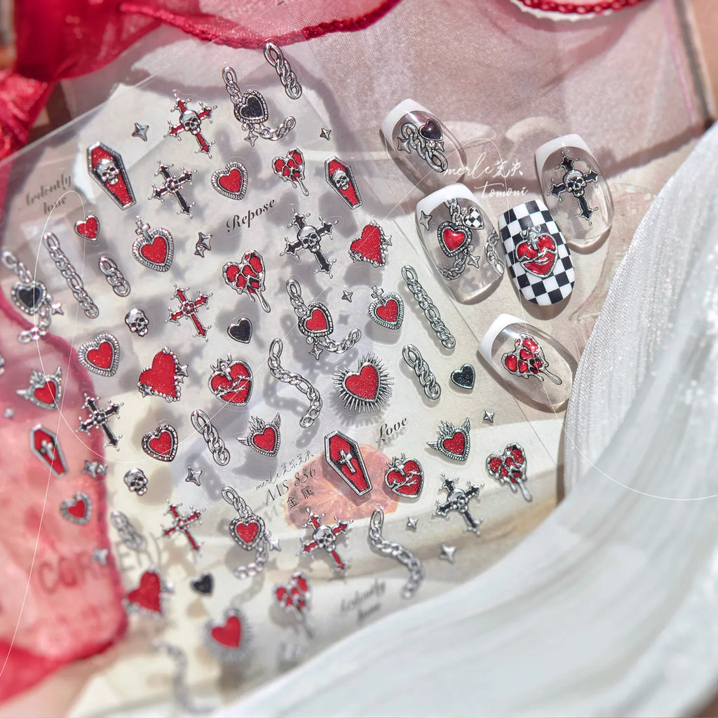 Gothic Punk Nail Stickers | Edgy Heart Cross Skull Chain Nail Art Decals