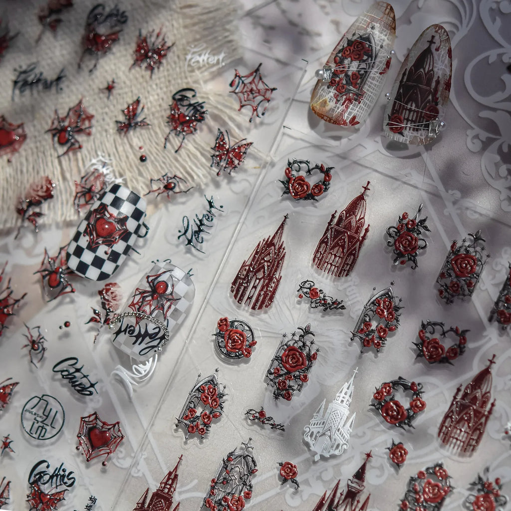 Gothic Rose Nail Stickers - Spider Web & Cathedral Design Decals 5337