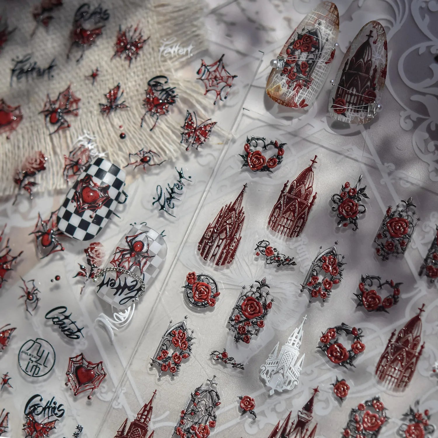 Gothic Rose Nail Stickers - Spider Web & Cathedral Design Decals 5337