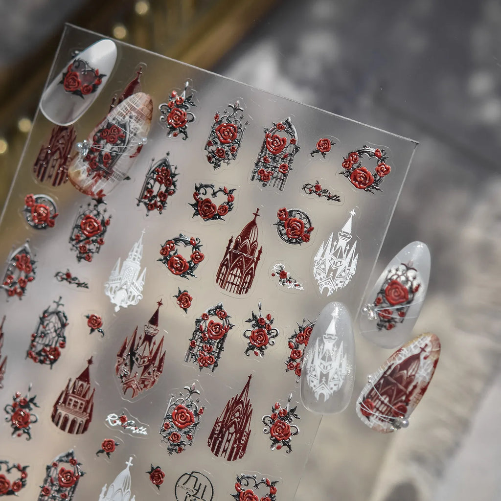 Gothic Rose Nail Stickers - Spider Web & Cathedral Design Decals 5337