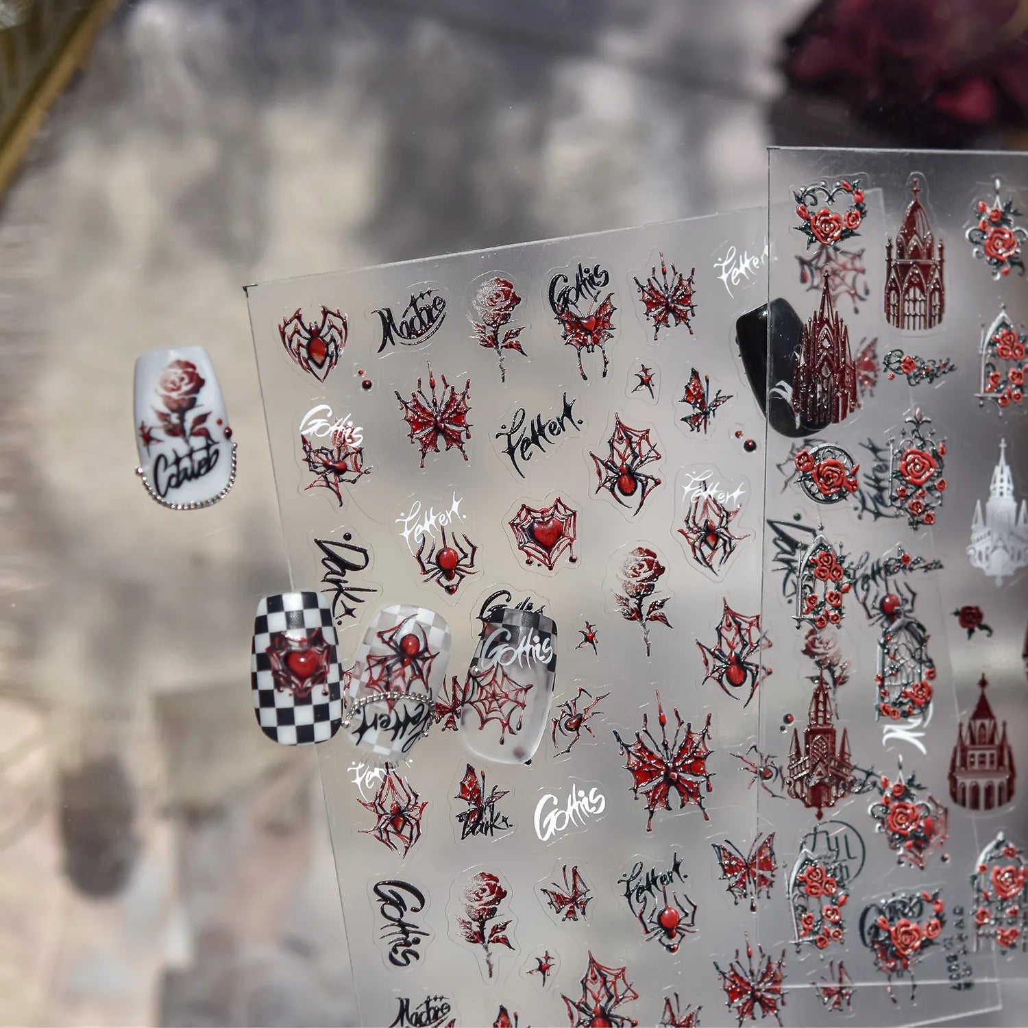 Gothic Rose Nail Stickers - Spider Web & Cathedral Design Decals 5337