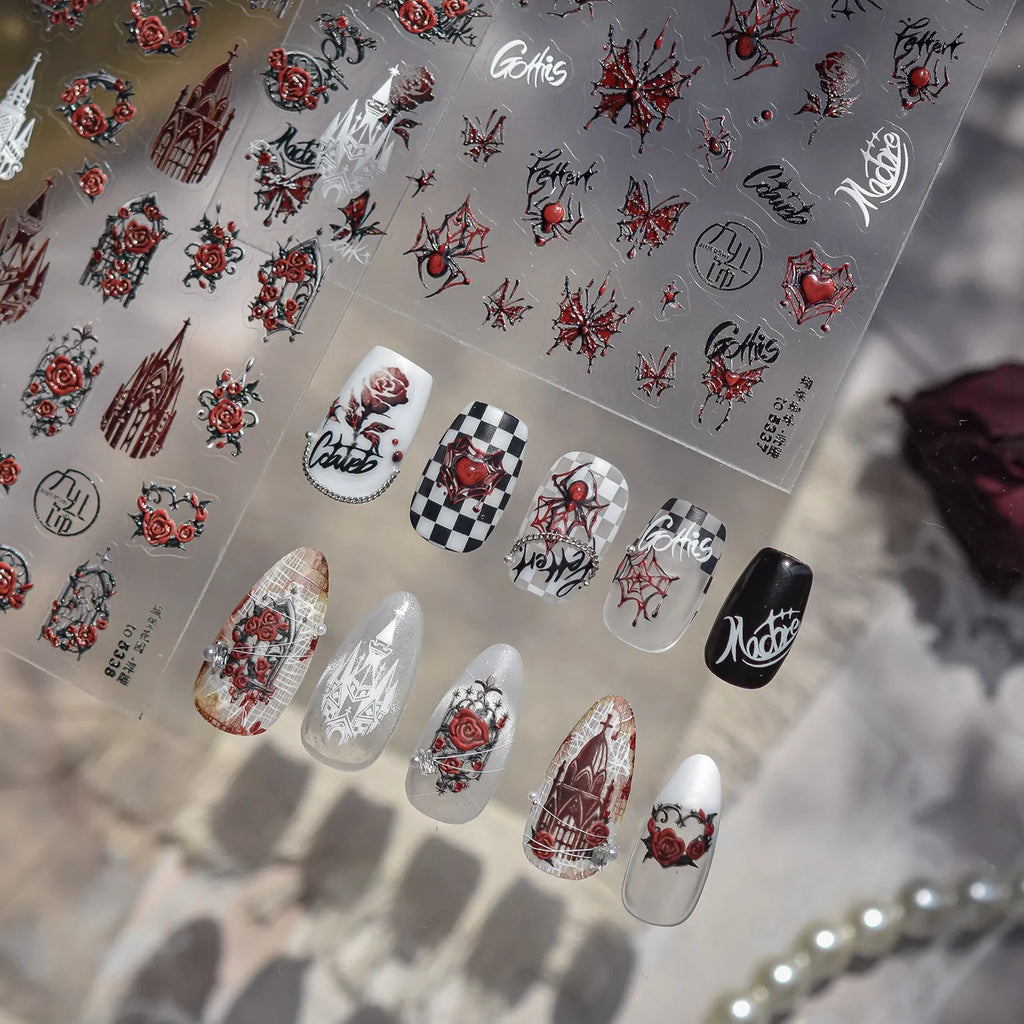 Gothic Rose Nail Stickers - Spider Web & Cathedral Design Decals 5337