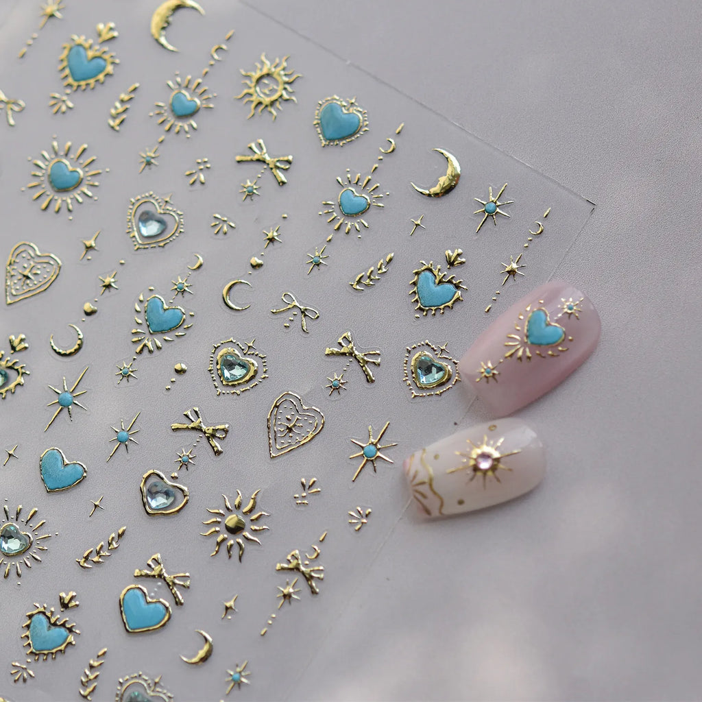 Gothic Sacred Heart 5D Nail Stickers | Celestial Sun & Moon Metallic Nail Art