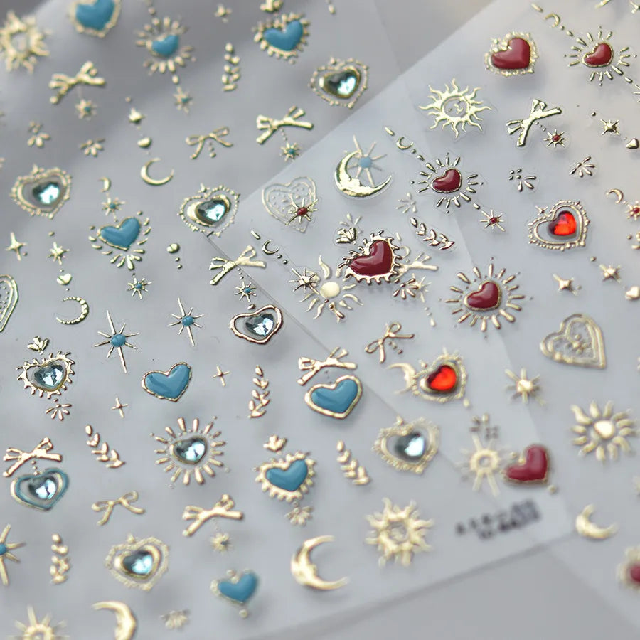 Gothic Sacred Heart 5D Nail Stickers | Celestial Sun & Moon Metallic Nail Art