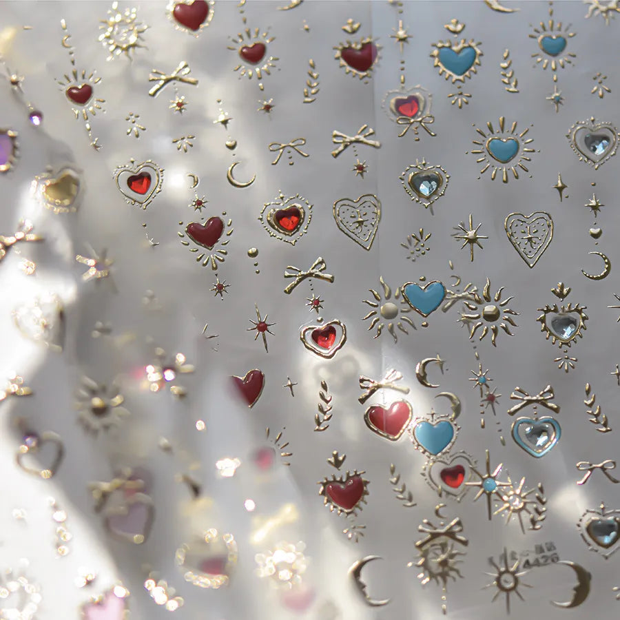 Gothic Sacred Heart 5D Nail Stickers | Celestial Sun & Moon Metallic Nail Art