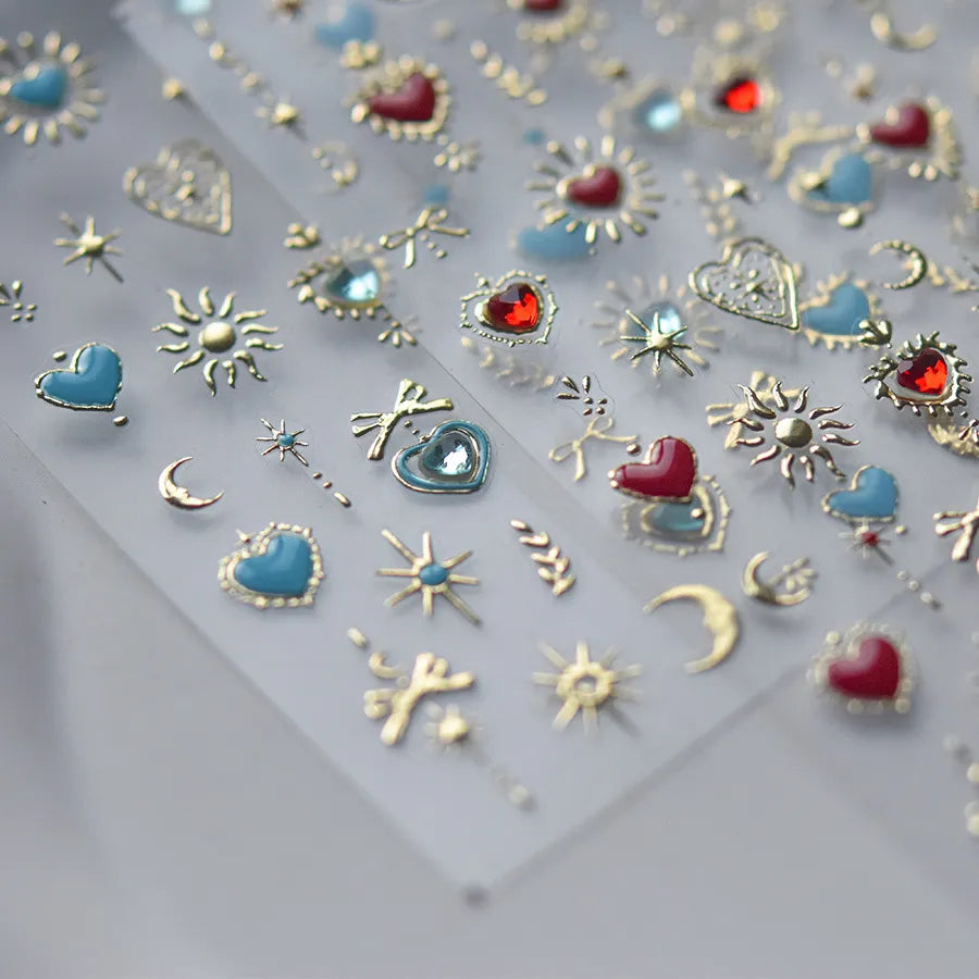 Gothic Sacred Heart 5D Nail Stickers | Celestial Sun & Moon Metallic Nail Art