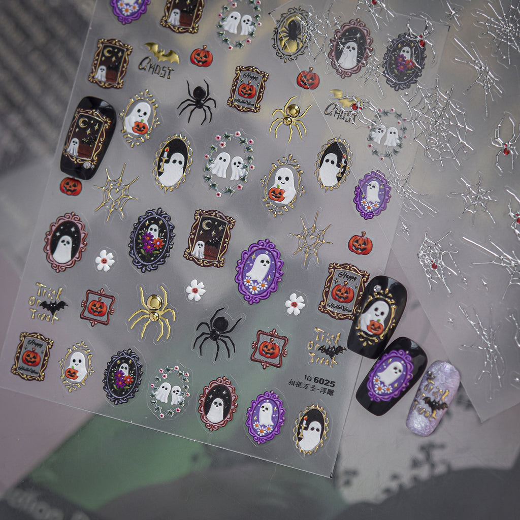 Gothic Spiderweb & Gem Silver Halloween Nail Stickers 1500