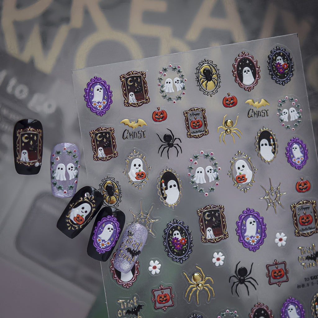 Gothic Spiderweb & Gem Silver Halloween Nail Stickers 1500
