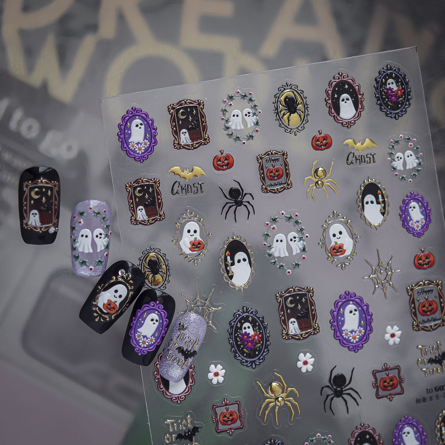 Gothic Spiderweb & Gem Silver Halloween Nail Stickers 1500