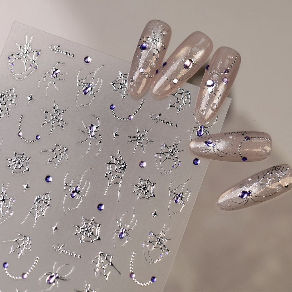 Gothic Spiderweb & Gem Silver Halloween Nail Stickers 1500