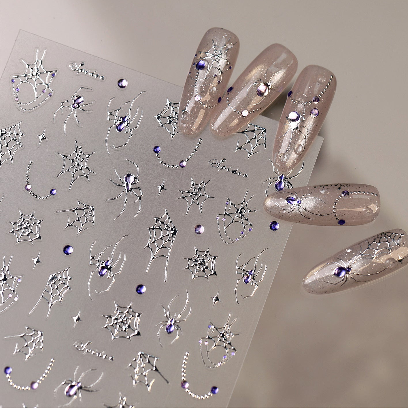 Gothic Spiderweb & Gem Silver Halloween Nail Stickers 1500