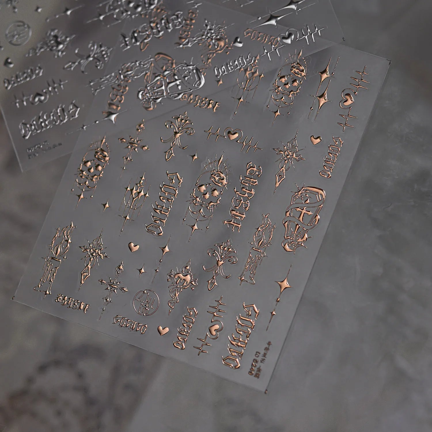 Gothic Y2K Nail Stickers - 3D Chrome Cross, Flame & Butterfly Decals