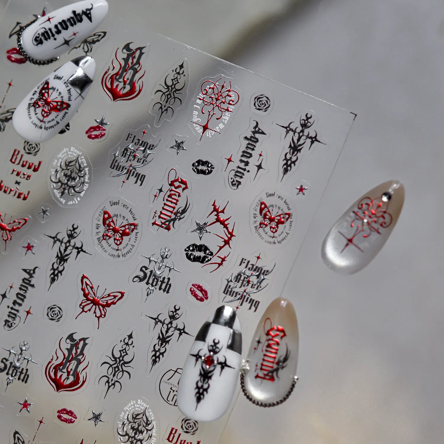 Gothic Y2K Nail Stickers - 3D Chrome Cross, Flame & Butterfly Decals