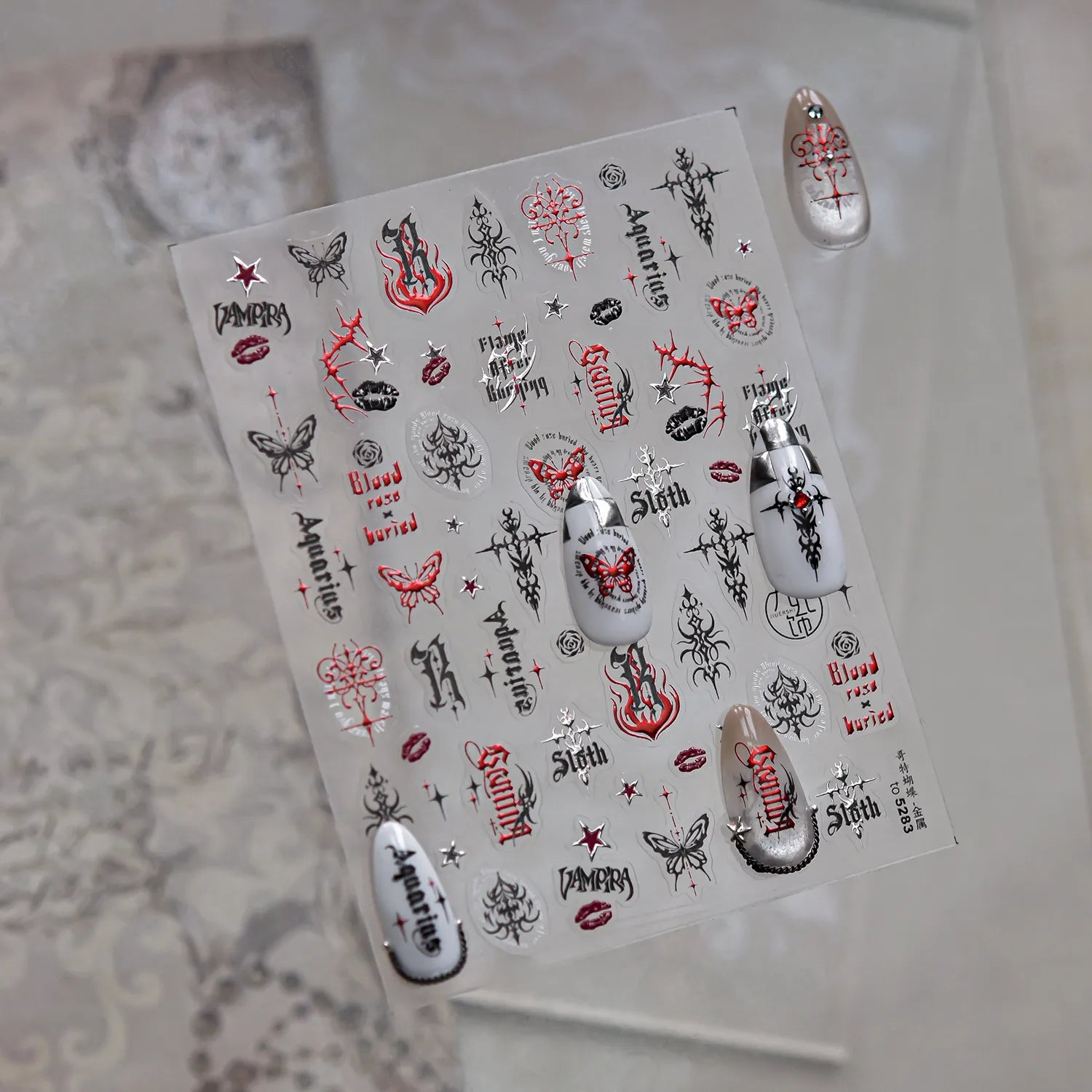 Gothic Y2K Nail Stickers - 3D Chrome Cross, Flame & Butterfly Decals