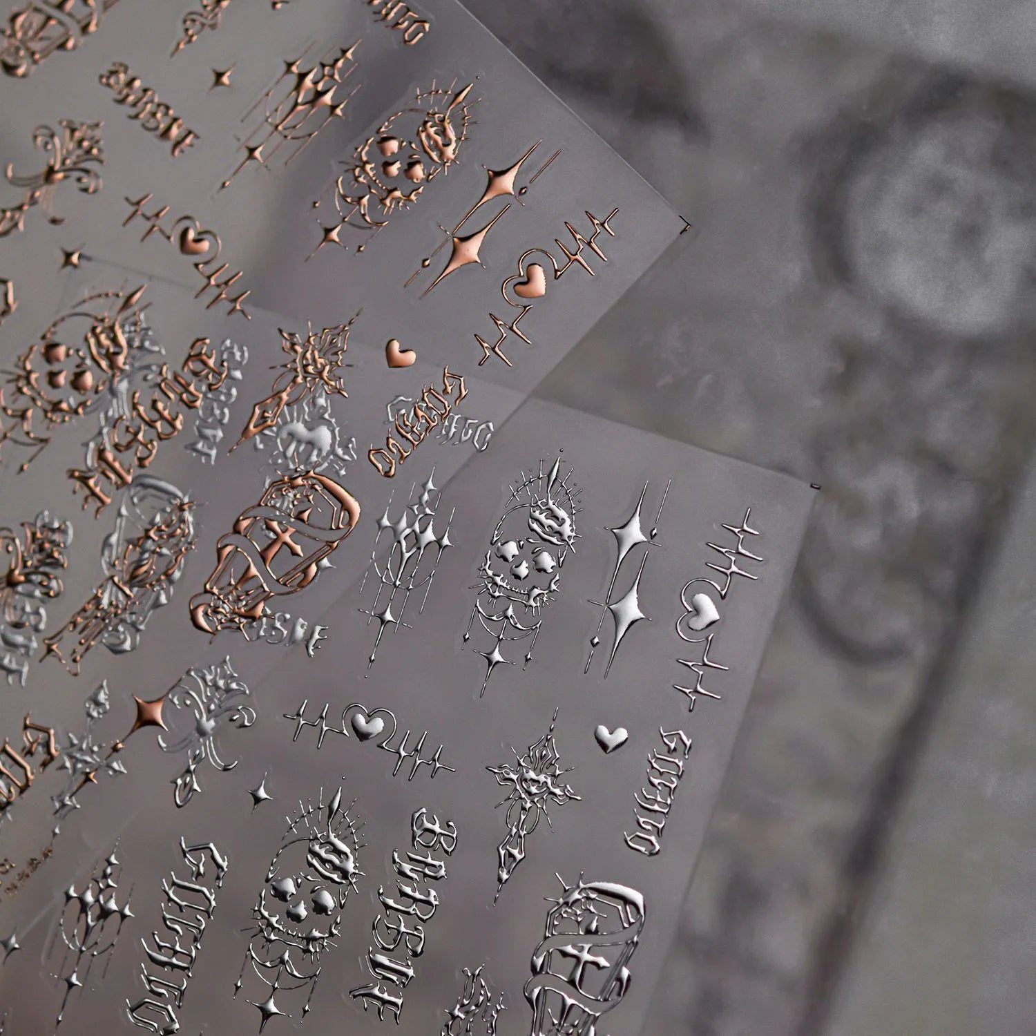 Gothic Y2K Nail Stickers - 3D Chrome Cross, Flame & Butterfly Decals