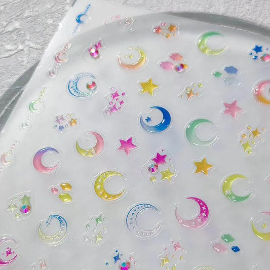 Gradient Moon Nail Art Stickers Adhesive Sliders Jelly Star Embossed Sticker Decals TL043