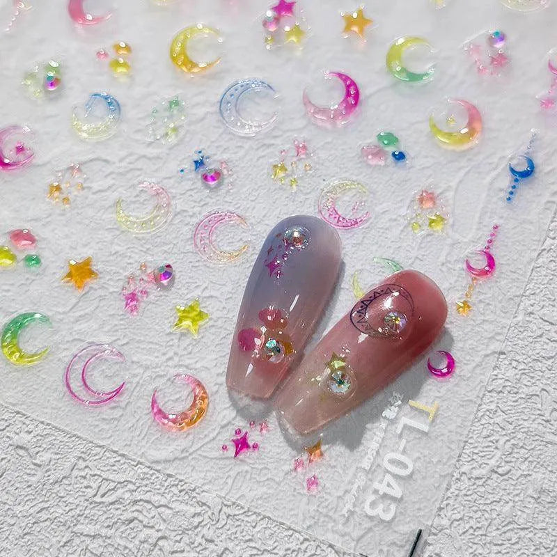 Gradient Moon Nail Art Stickers Adhesive Sliders Jelly Star Embossed Sticker Decals TL043
