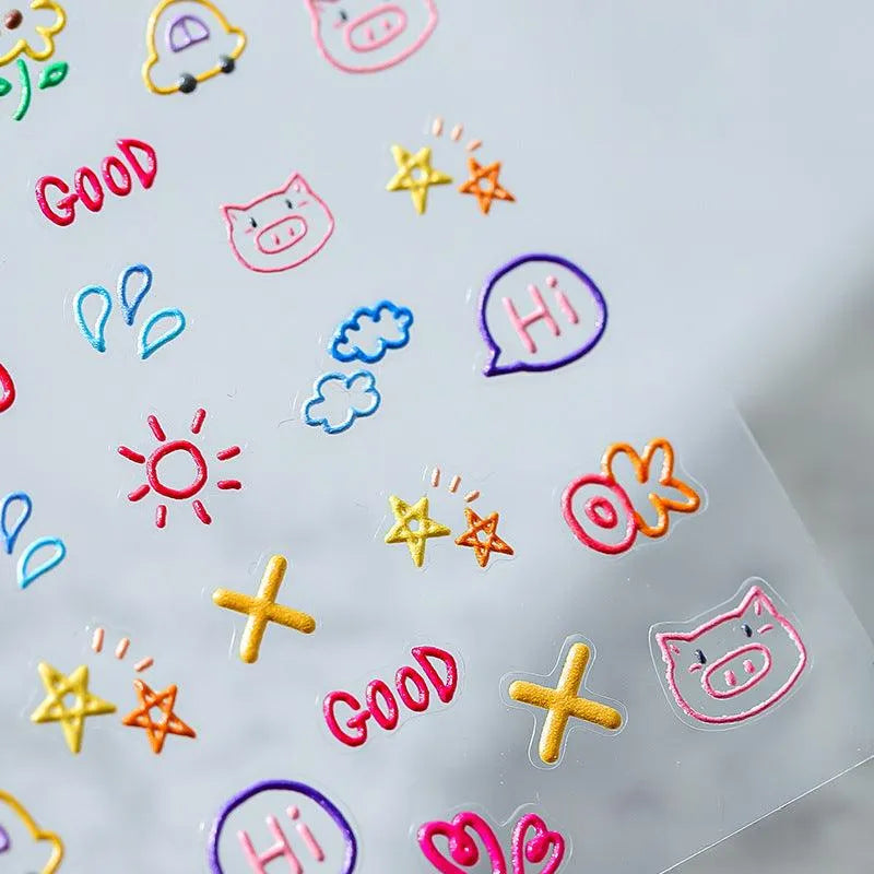 Graffiti Flower Nail Art Stickers Adhesive Embossed Cute Heart Sticker Decals KX041