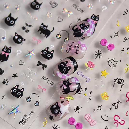 Graffiti Kitten Nail Art Stickers Adhesive Embossed Cartoon Cat Sticker Decals to4224
