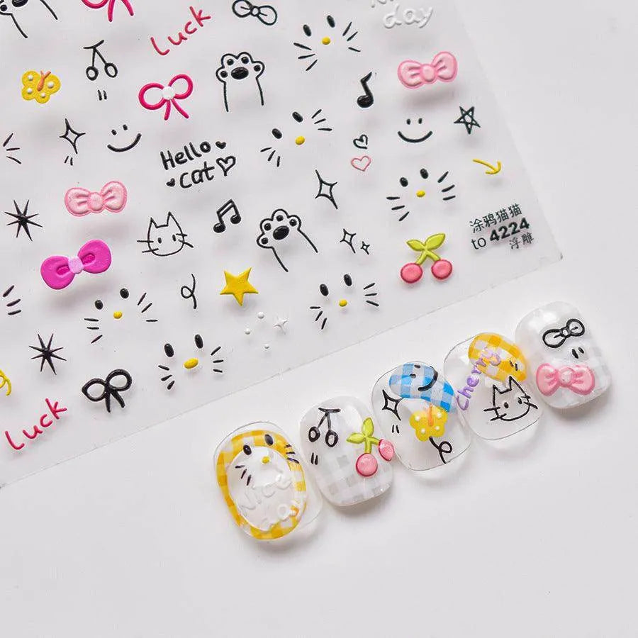 Graffiti Kitten Nail Art Stickers Adhesive Embossed Cartoon Cat Sticker Decals to4224