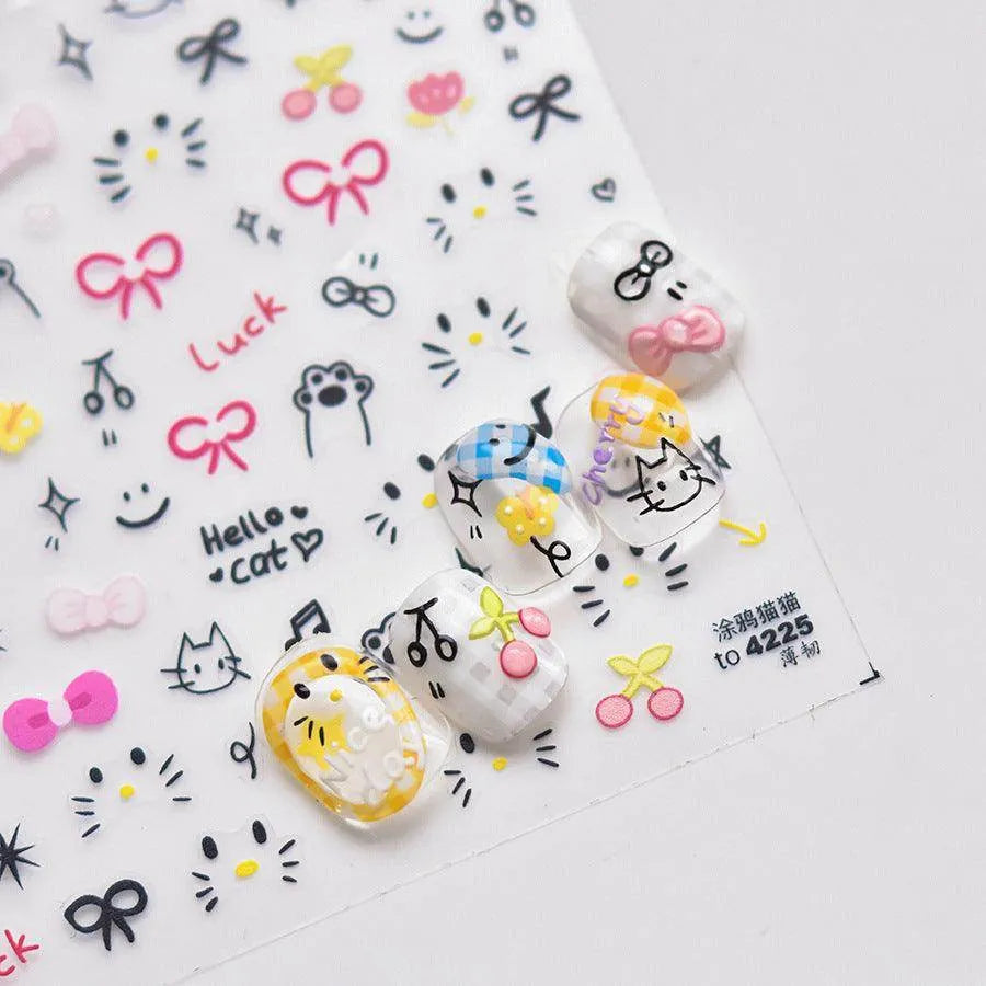 Graffiti Kitten Nail Art Stickers Adhesive Embossed Cartoon Cat Sticker Decals to4224