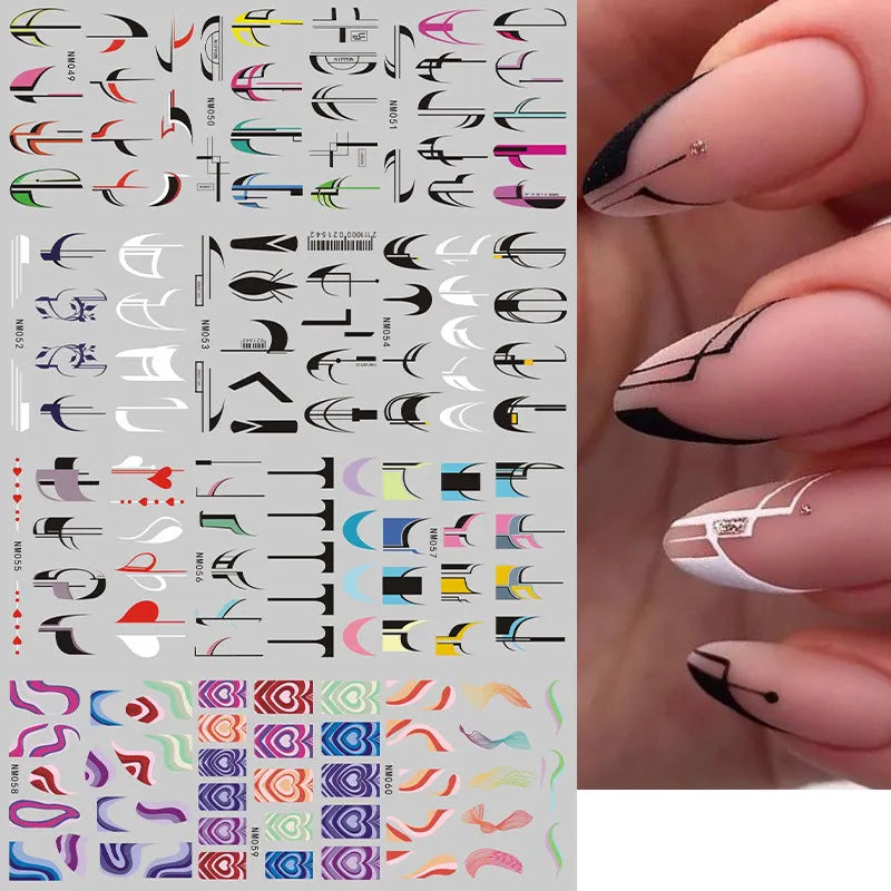Graphic Art Nail Water Decals | Abstract Lines, Y2K Hearts & Swirls Nail Slider Stickers NM049-060