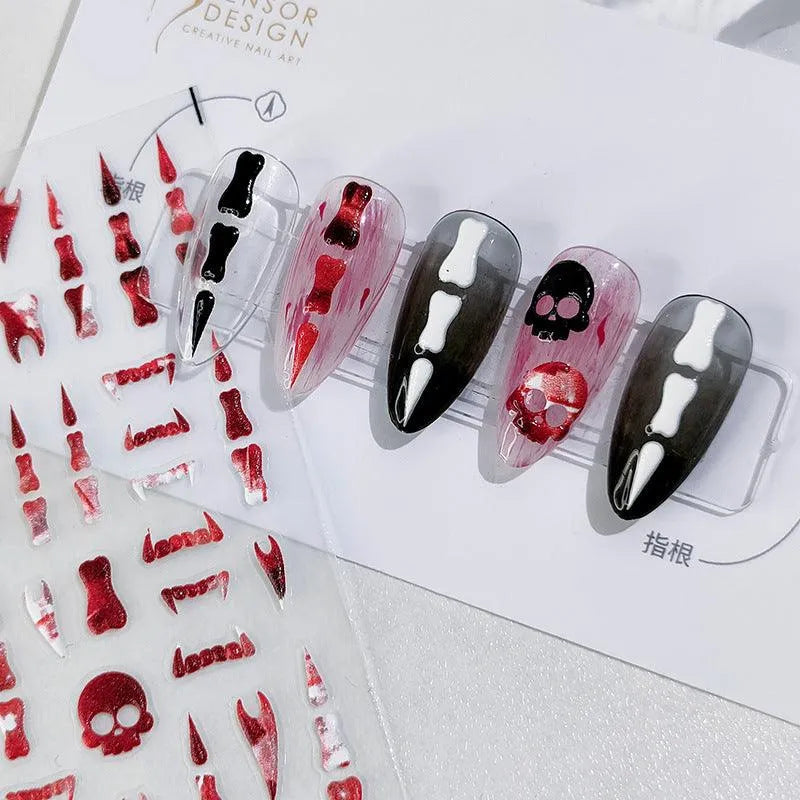 Halloween Nail Art Stickers Skull Teeth Design Adhesive Slider Sticker Decals TS1948