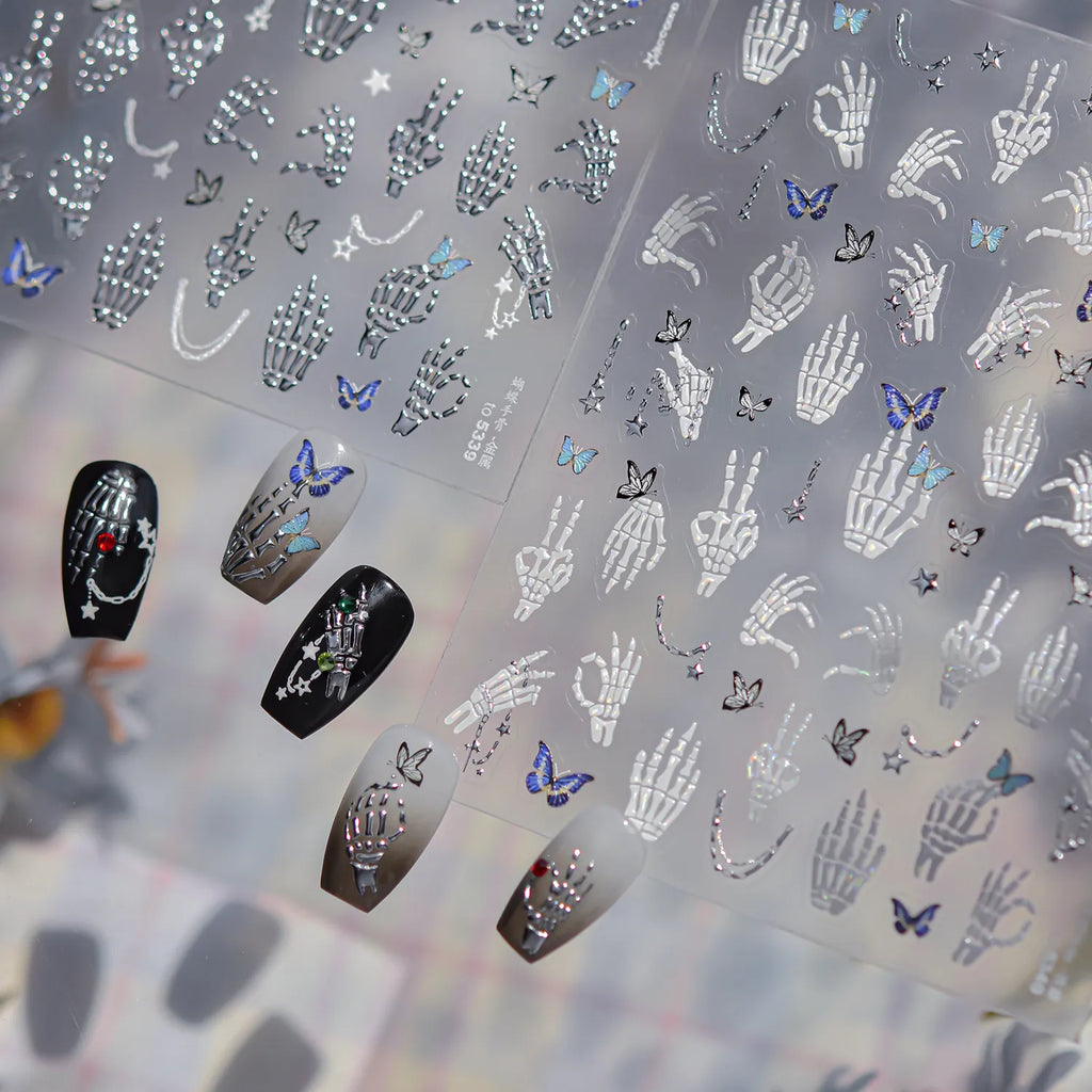 Halloween Skeleton Hand & Butterfly Nail Stickers - Spooky 3D DIY Manicure Decals to5339