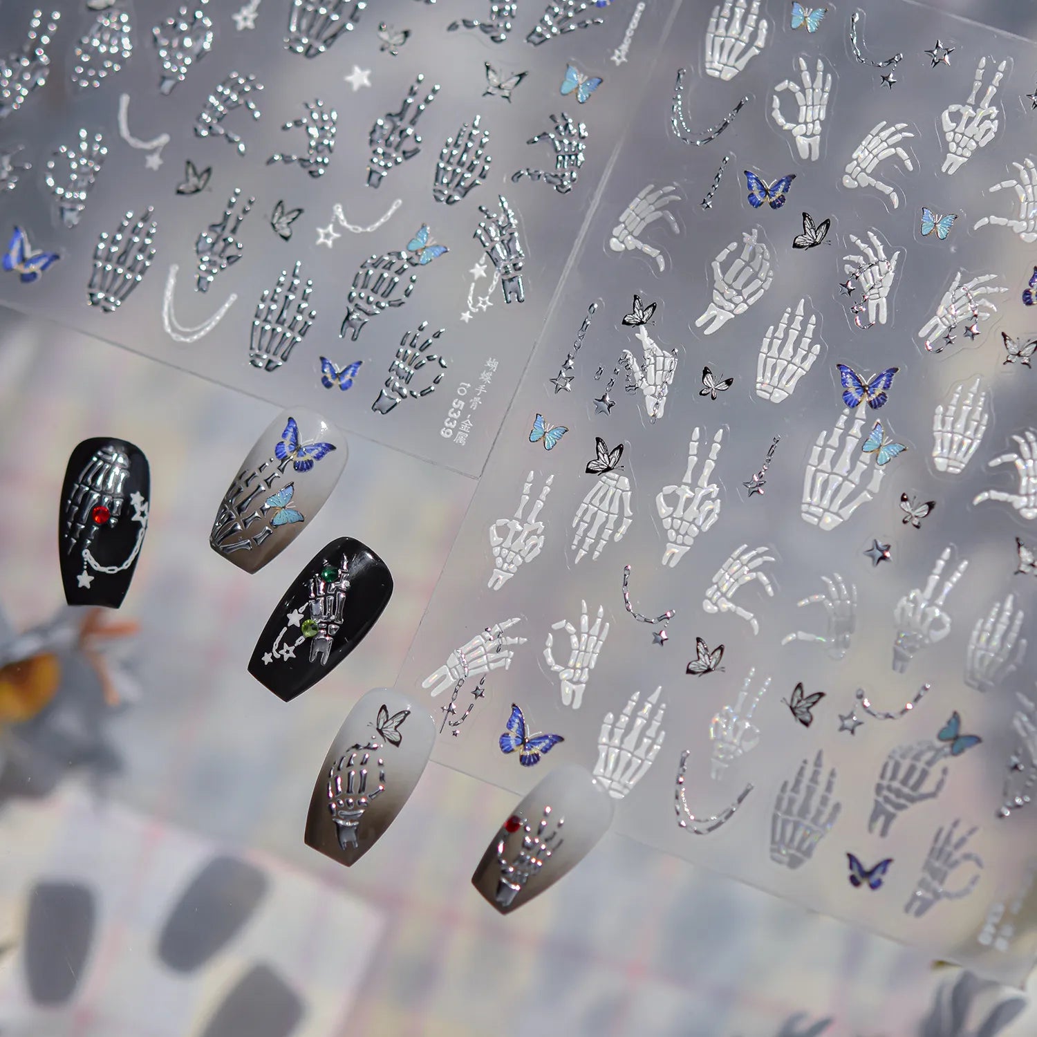 Halloween Skeleton Hand & Butterfly Nail Stickers - Spooky 3D DIY Manicure Decals to5339