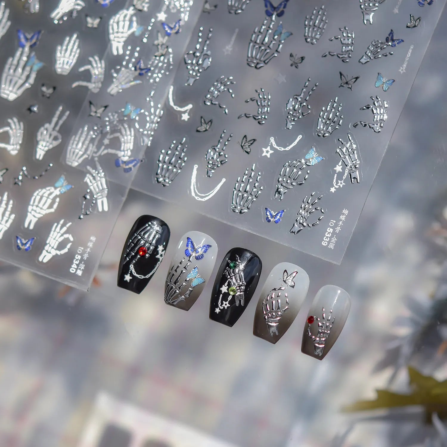 Halloween Skeleton Hand & Butterfly Nail Stickers - Spooky 3D DIY Manicure Decals to5339