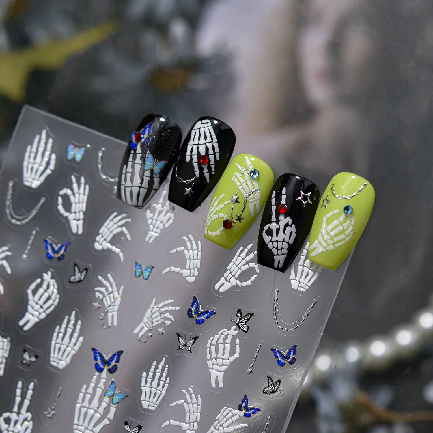 Halloween Skeleton Hand & Butterfly Nail Stickers - Spooky 3D DIY Manicure Decals to5339