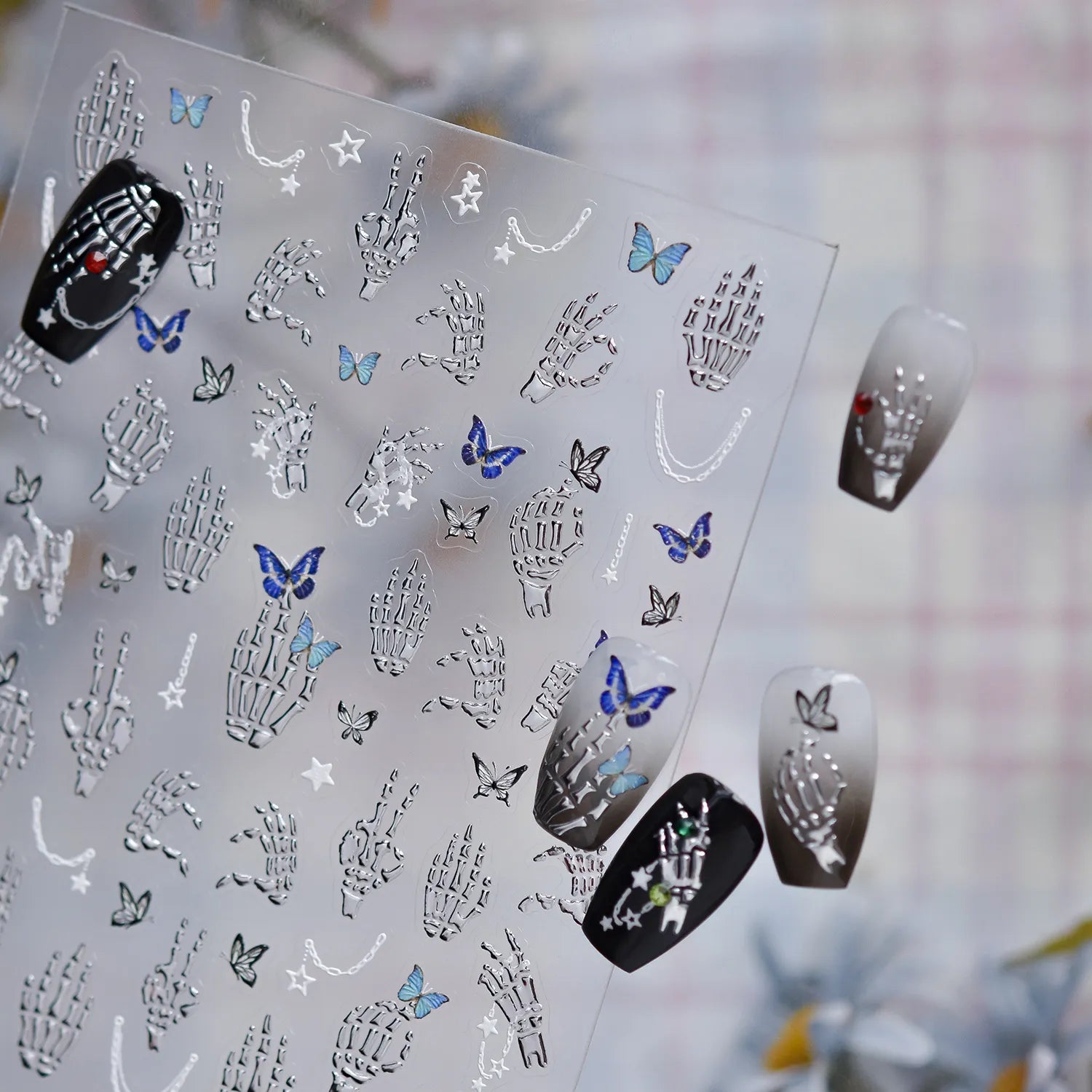 Halloween Skeleton Hand & Butterfly Nail Stickers - Spooky 3D DIY Manicure Decals to5339
