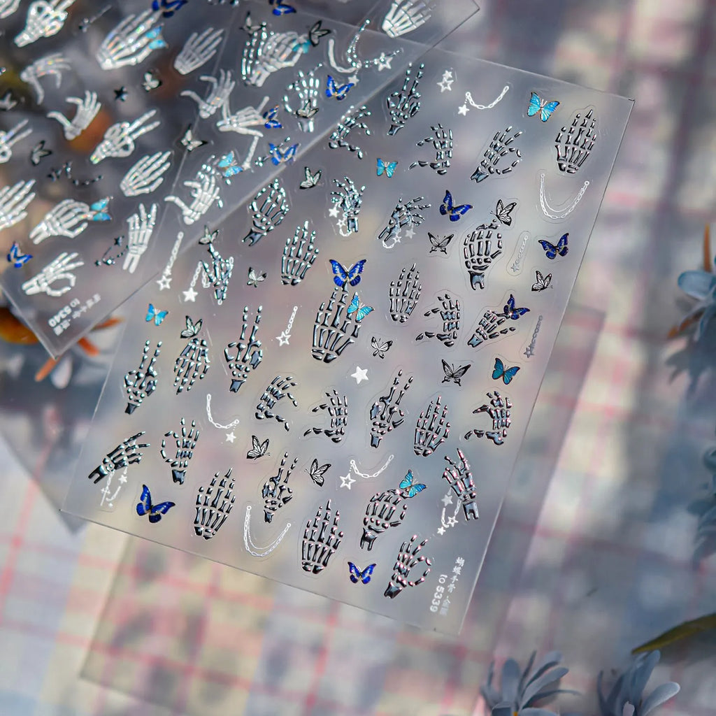 Halloween Skeleton Hand & Butterfly Nail Stickers - Spooky 3D DIY Manicure Decals to5339