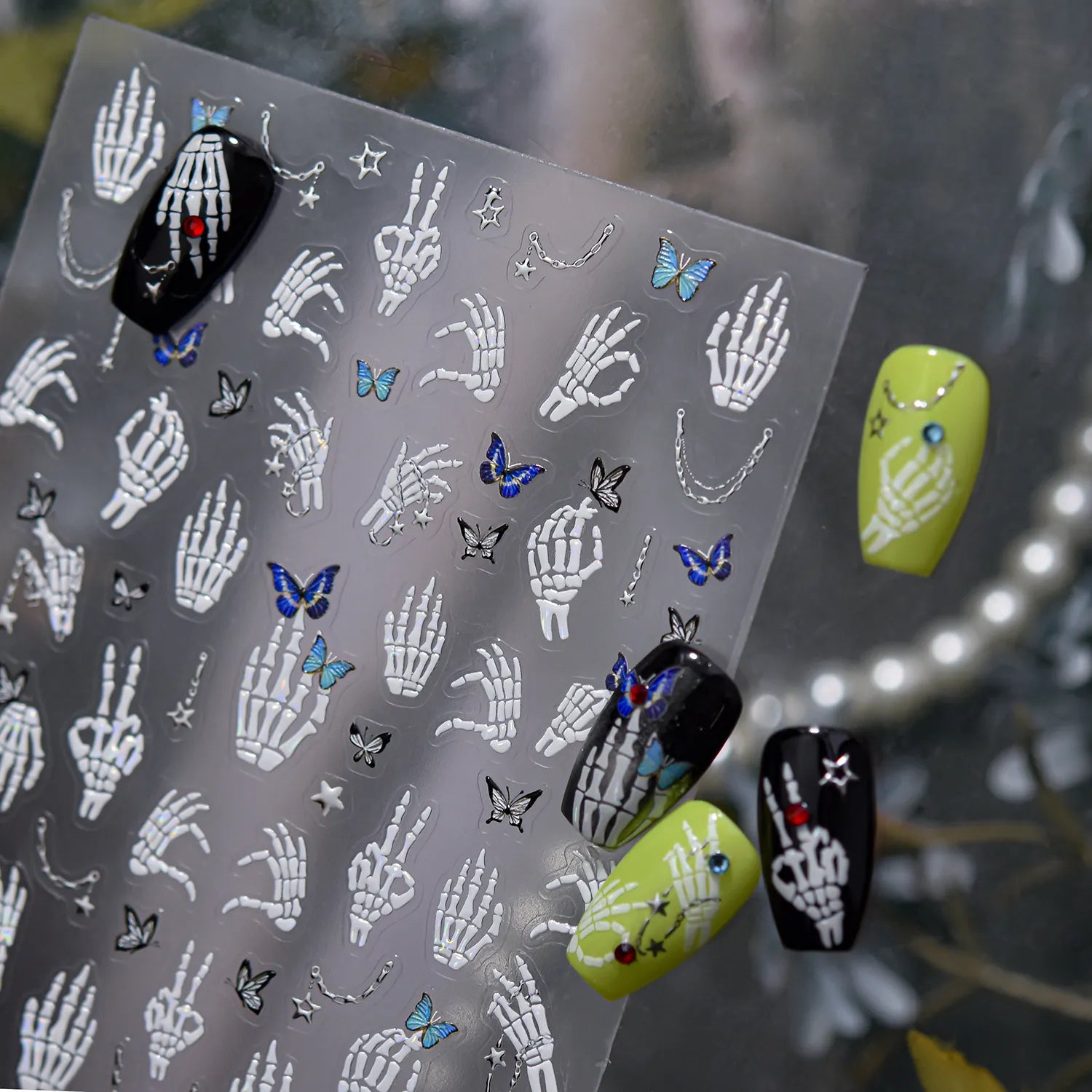 Halloween Skeleton Hand & Butterfly Nail Stickers - Spooky 3D DIY Manicure Decals to5339