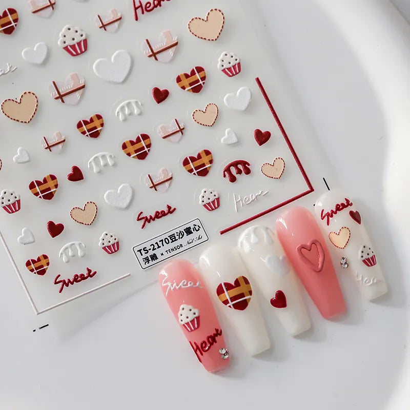 Heart Nail Art Stickers Adhesive Slider Sweet Cake Heart Sticker Decals TS2169