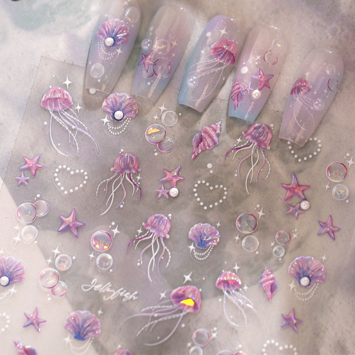 Holo Jellyfish & Bubble Nail Stickers -  Shell Starfish Mermaid Decals