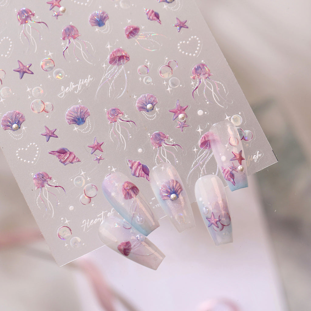 Holo Jellyfish & Bubble Nail Stickers -  Shell Starfish Mermaid Decals