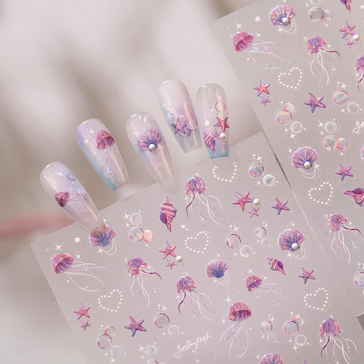 Holo Jellyfish & Bubble Nail Stickers -  Shell Starfish Mermaid Decals