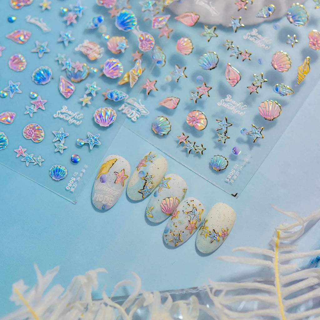 Holographic 5D Beach Nail Stickers – Embossed Seashell & Starfish Nail Art Decals to5080