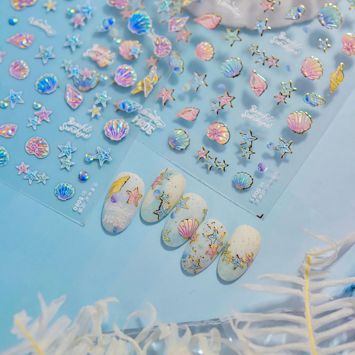 Holographic 5D Beach Nail Stickers – Embossed Seashell & Starfish Nail Art Decals to5080