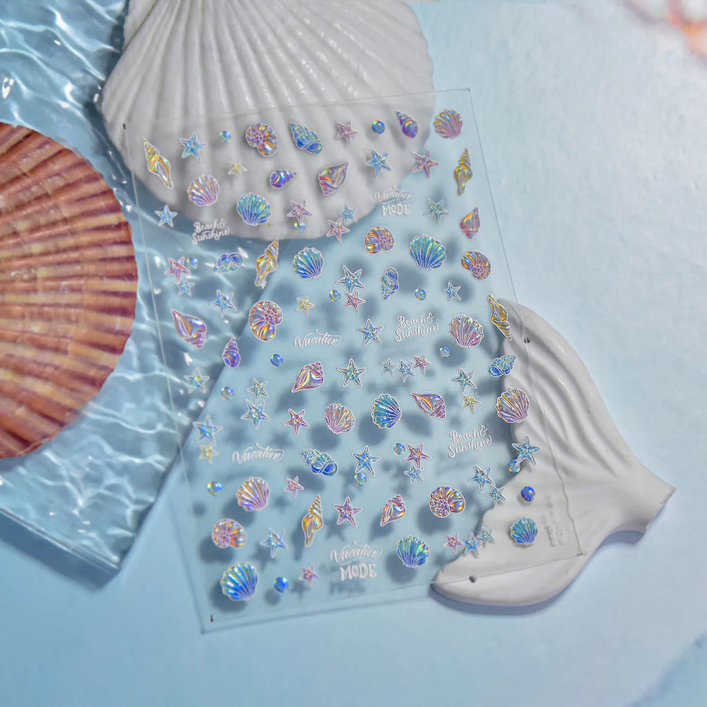 Holographic 5D Beach Nail Stickers – Embossed Seashell & Starfish Nail Art Decals to5080