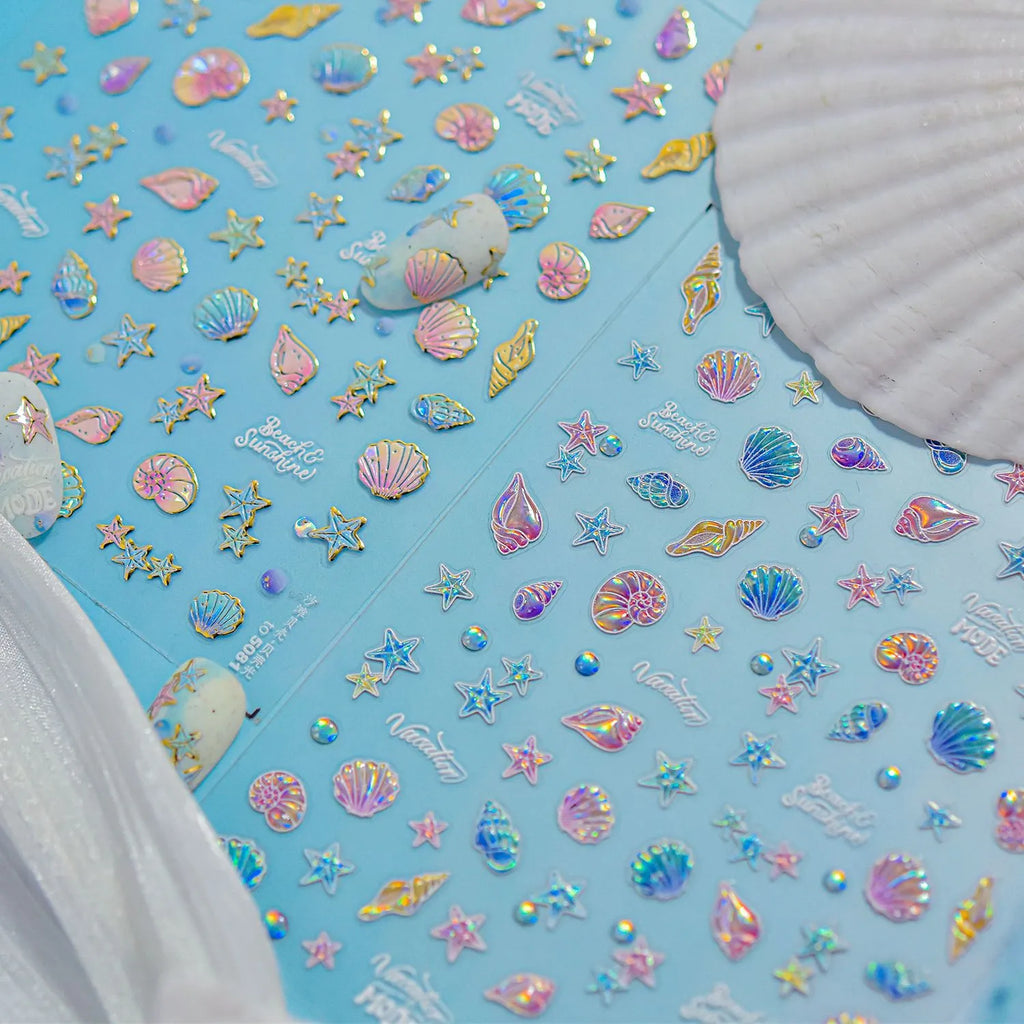 Holographic 5D Beach Nail Stickers – Embossed Seashell & Starfish Nail Art Decals to5080