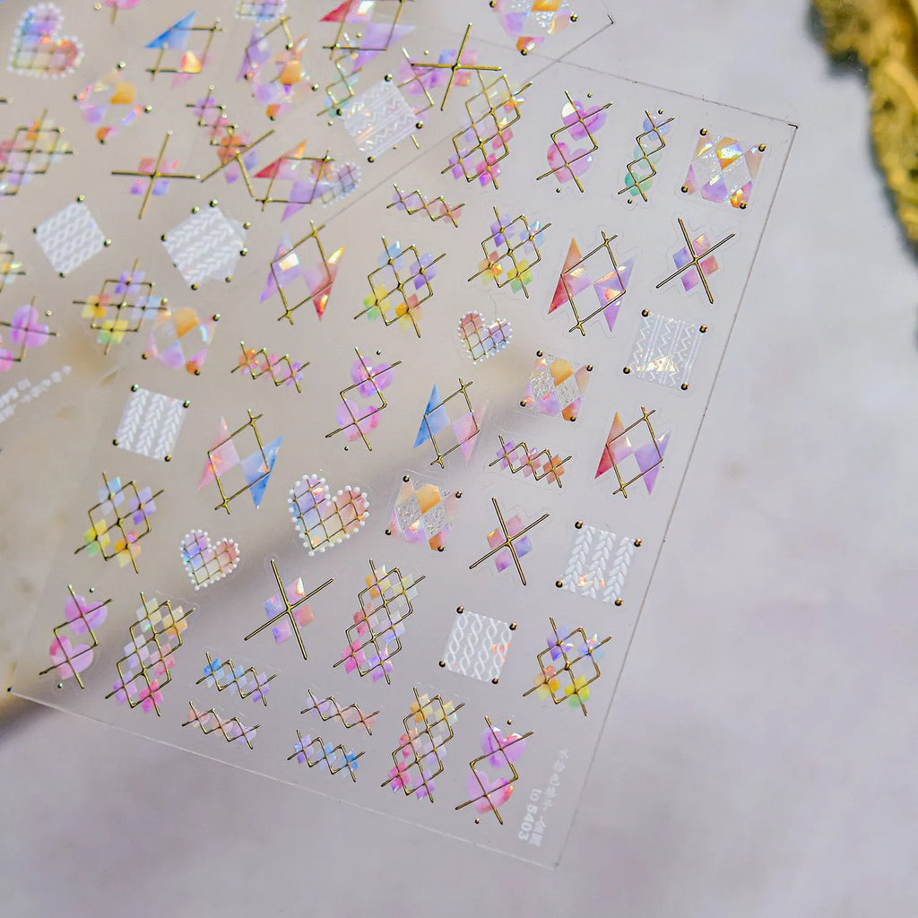 Holographic Geometric Nail Stickers | Gold Line & Knit Heart DIY Decals to5403